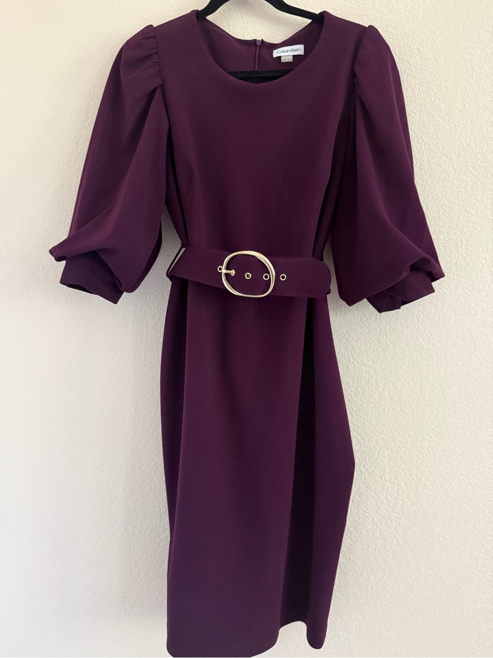 Calvin Klein Deep Plum Puff-Sleeve Midi Dress with Belt